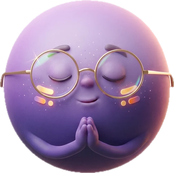 De data-orb met een gouden bril, ogen dicht en de handen tegen elkaar, helemaal zen.