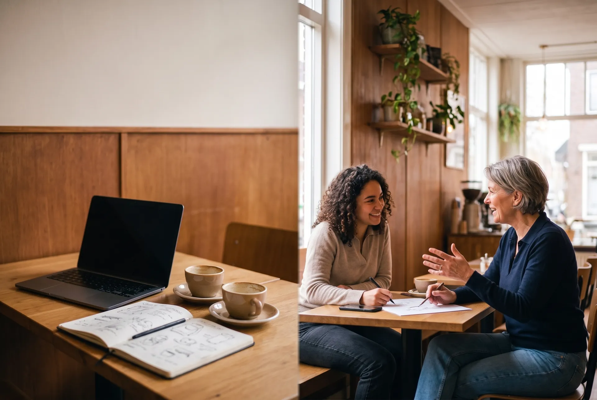 Illustratieve scène: twee mensen voeren een eerste gesprek aan een cafétafel, terwijl aan het lege tafeltje ernaast een laptop, koffie en een notitieboek liggen.