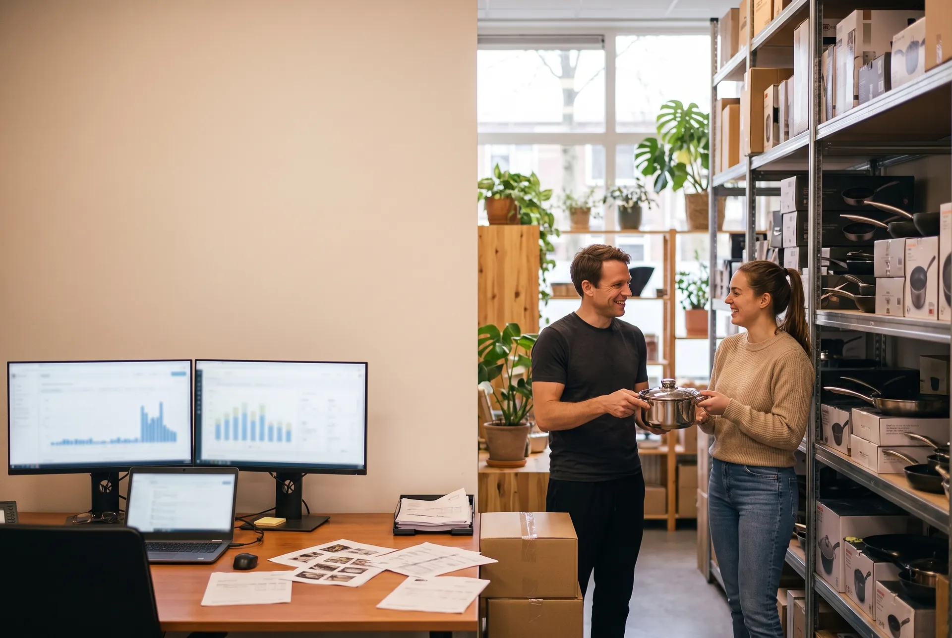Illustratieve scène: in een groothandel bespreken twee mensen een product tussen de schappen, terwijl op het lege bureau de schermen met cijfers aanstaan.