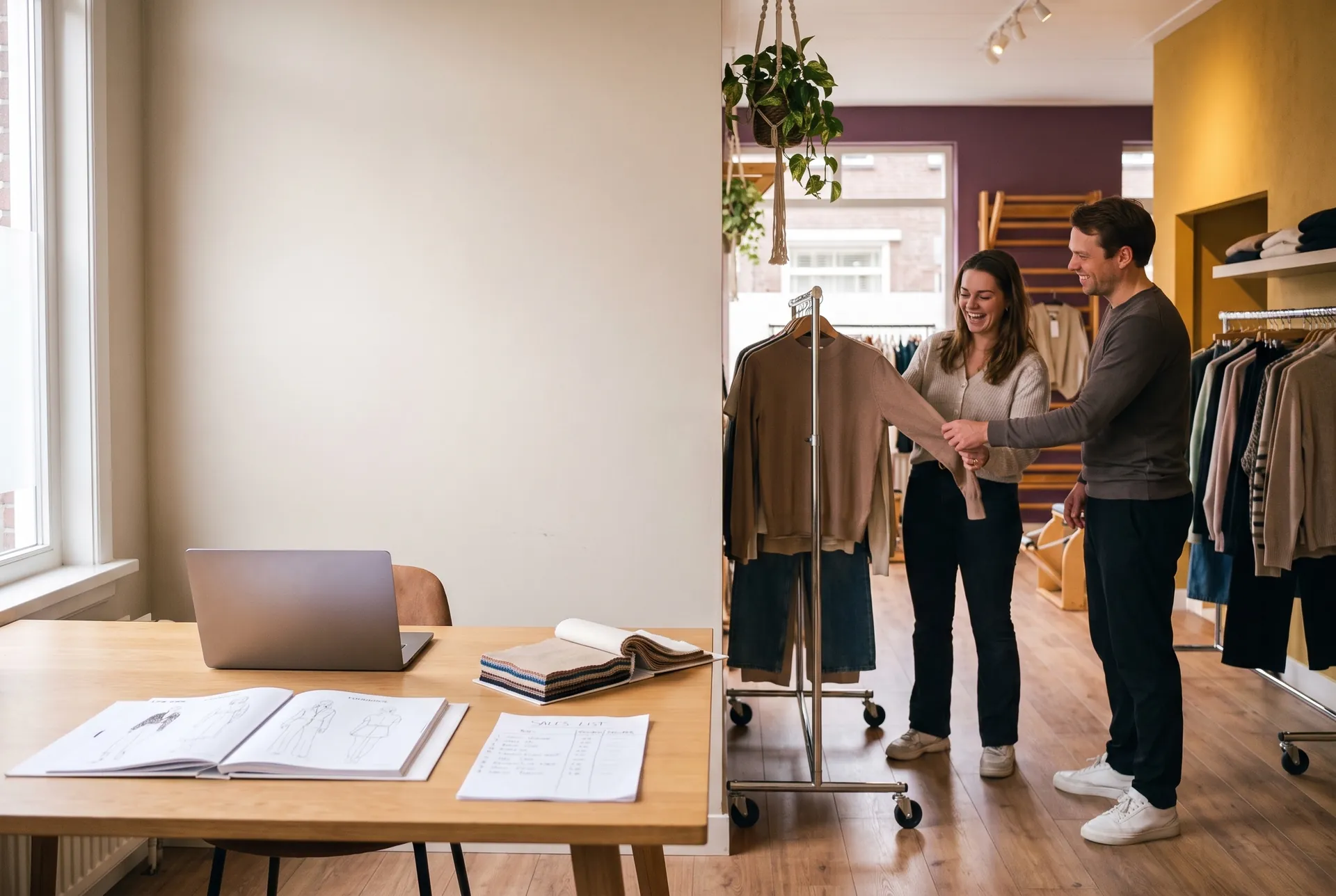 Illustratieve scène: in een showroom passen twee mensen een kledingstuk, terwijl aan de lege tafel de laptop en de lookbooks liggen.
