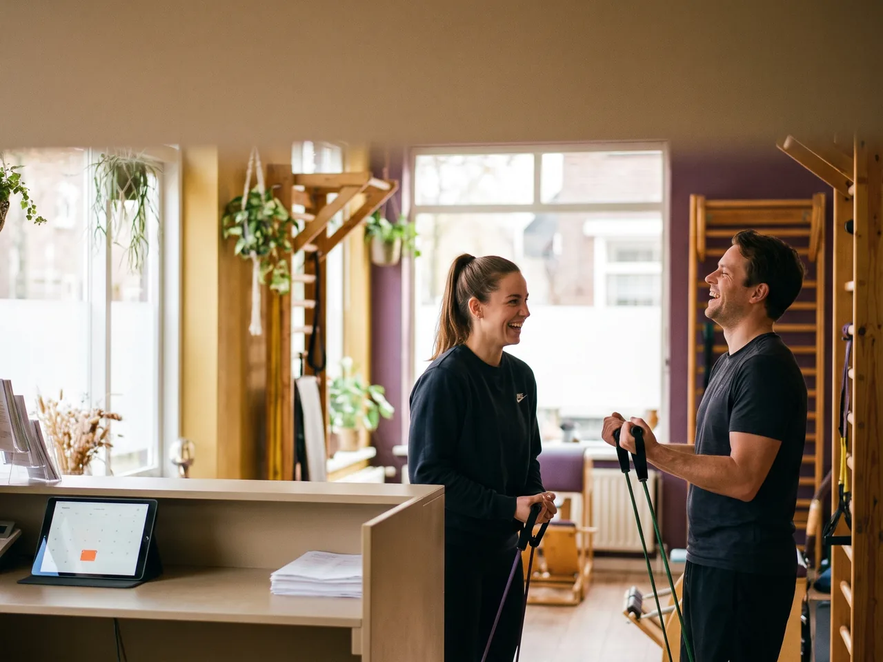 Illustratieve scène: een trainer lacht met een sporter in een studio, terwijl aan de lege balie een tablet en een stapel papieren liggen.