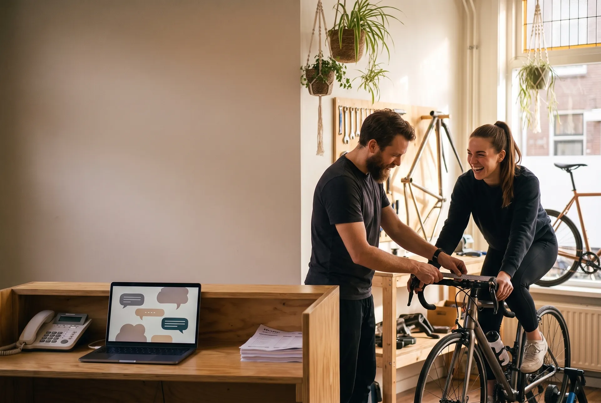 Illustratieve scène: in een fietsenwinkel stelt een monteur lachend een fiets af voor een klant, terwijl aan de lege balie de telefoon en de laptop met berichten staan.