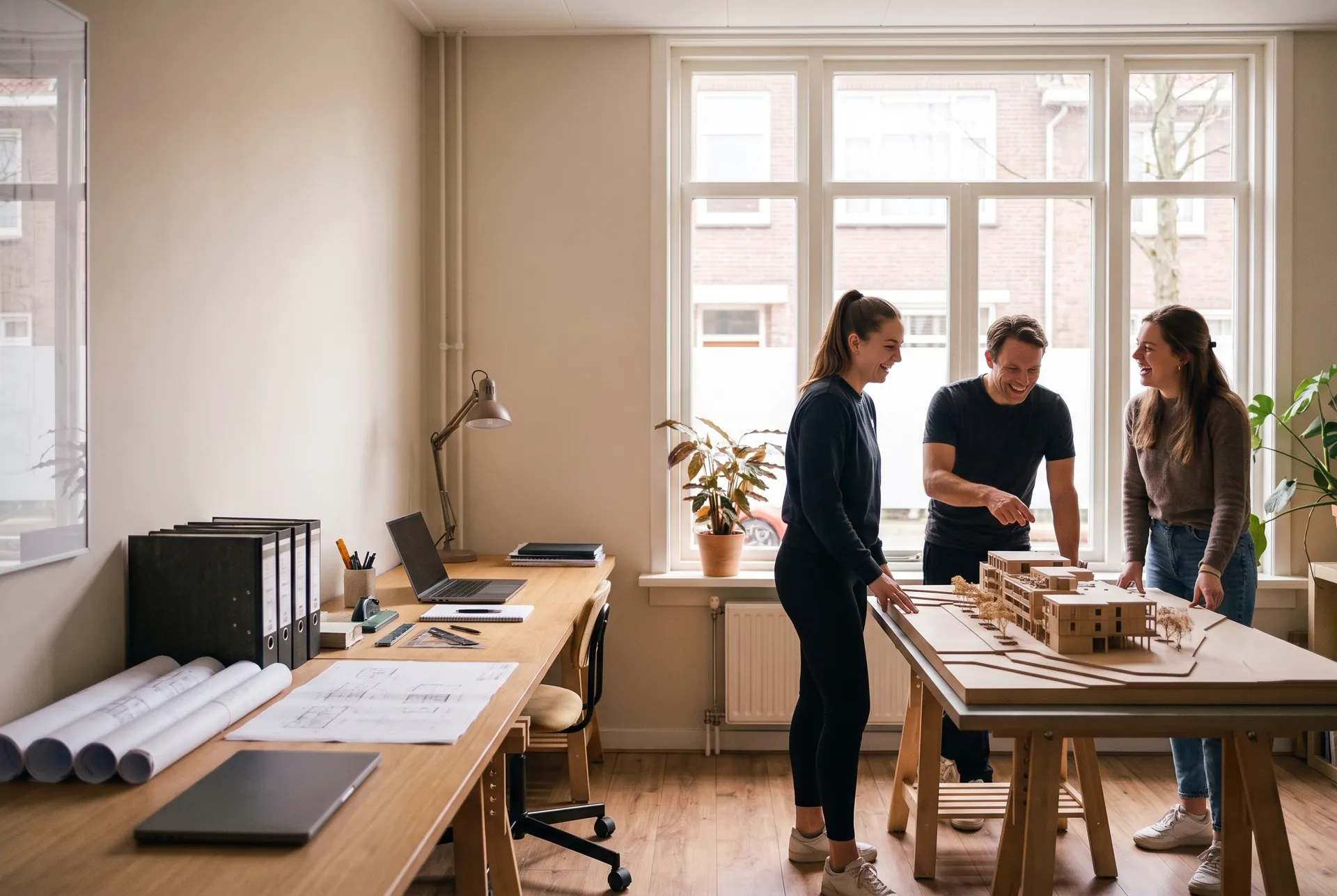Illustratieve scène: in een architectenbureau buigen drie mensen zich over een maquette, terwijl aan het lege bureau de ordners en tekeningen liggen.