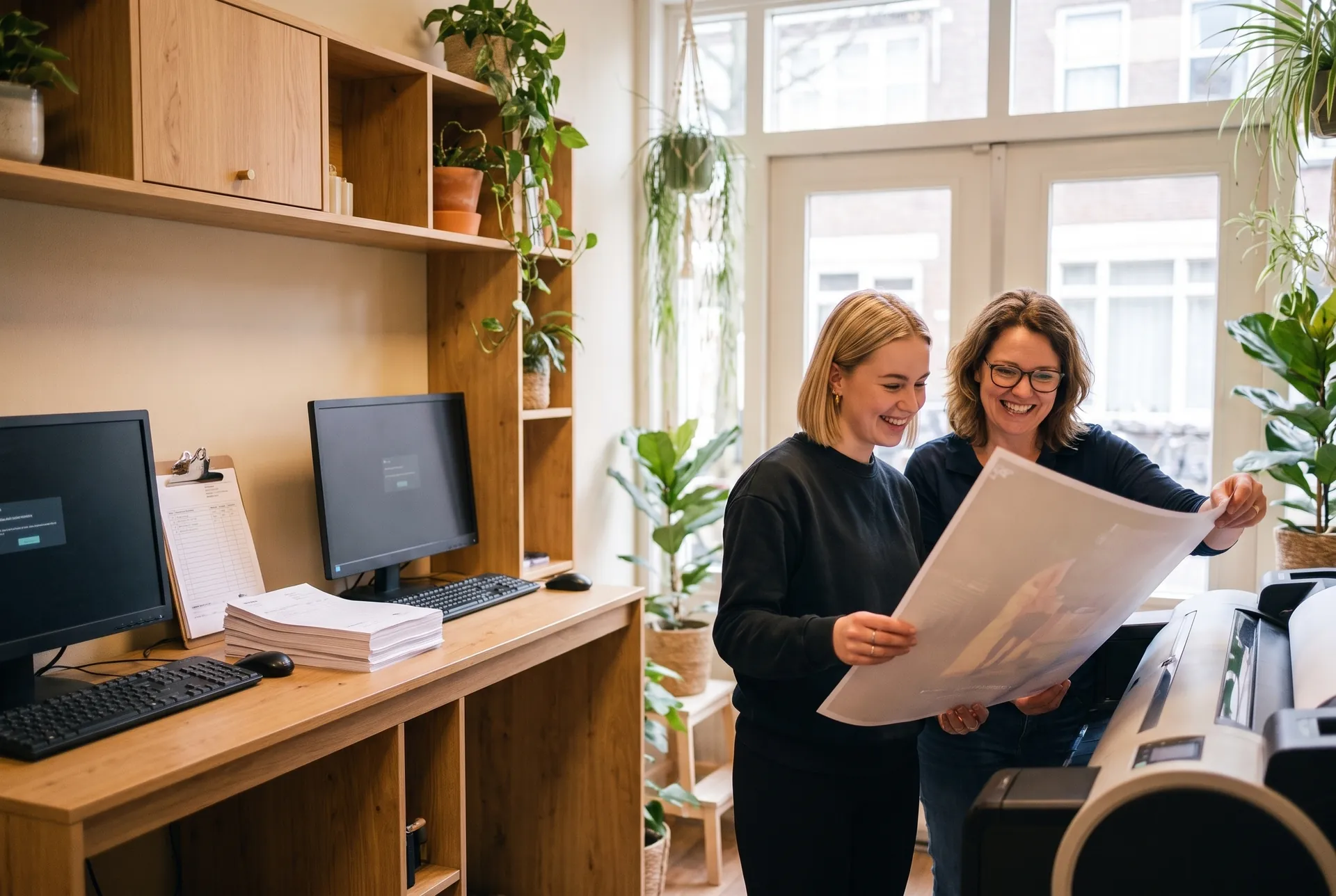 Illustratieve scène: in een drukkerij bekijken twee mensen lachend een proefdruk, terwijl aan het lege bureau de computers en stapels papier liggen.