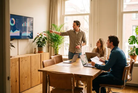 Illustratieve scène: een team bespreekt de planning bij een scherm met grafieken.