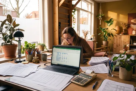 Illustratieve scène: iemand werkt tussen stapels papier aan een spreadsheet.
